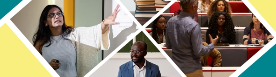 Banner with images of a woman with light skin and dark straight long hair at a white board gesturing with arm outstretched, a man with curly salt-and-pepper grey hair and medium skin lecturing to students in a an ampitheater classroom, and another dark skinned man with a sport coat and kaki pants looking at the camera, speaking. Blocks of yellow and teal fill out the spaces in between the images.